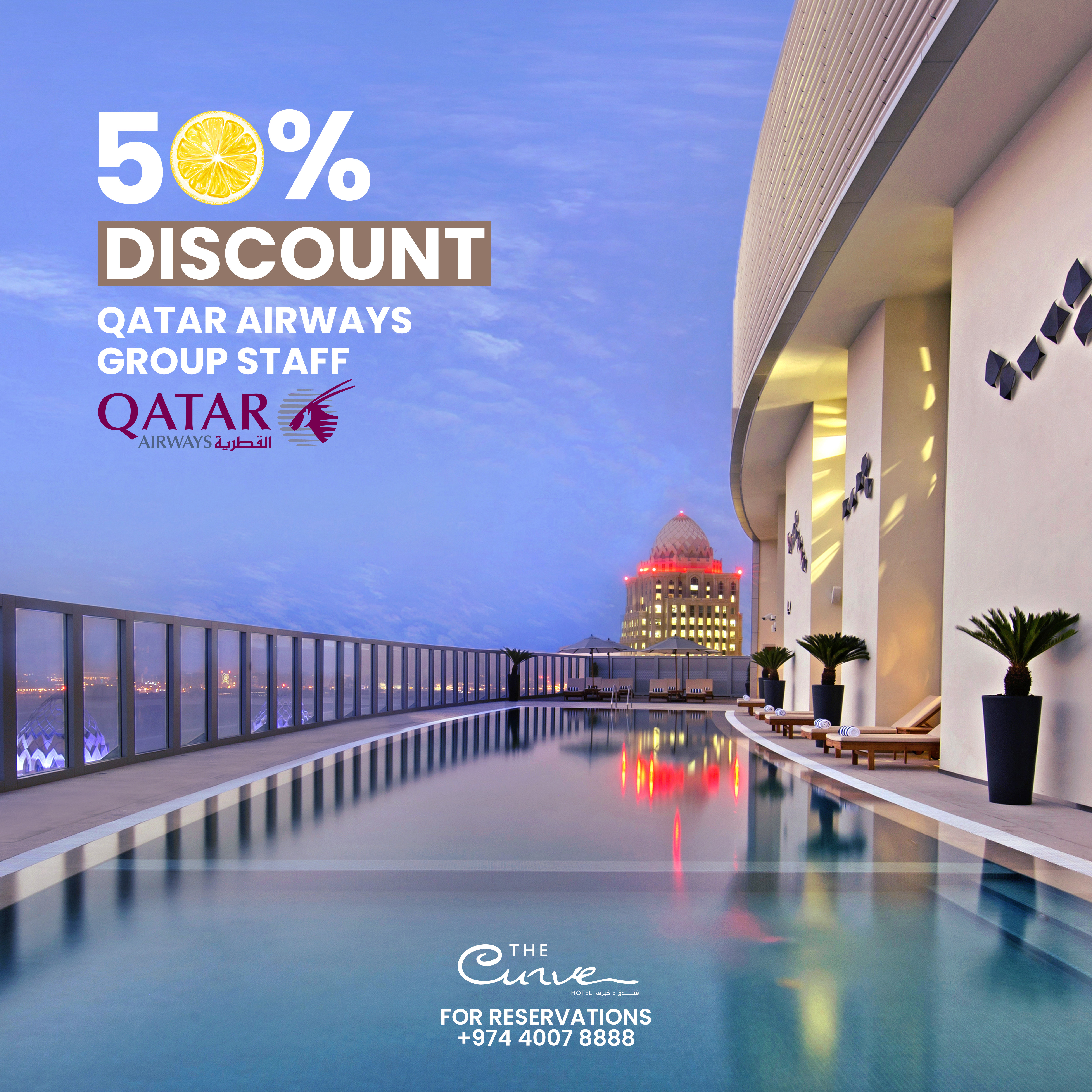 50% Discount to all Qatar Airways Staff in Our Rooftop Pool